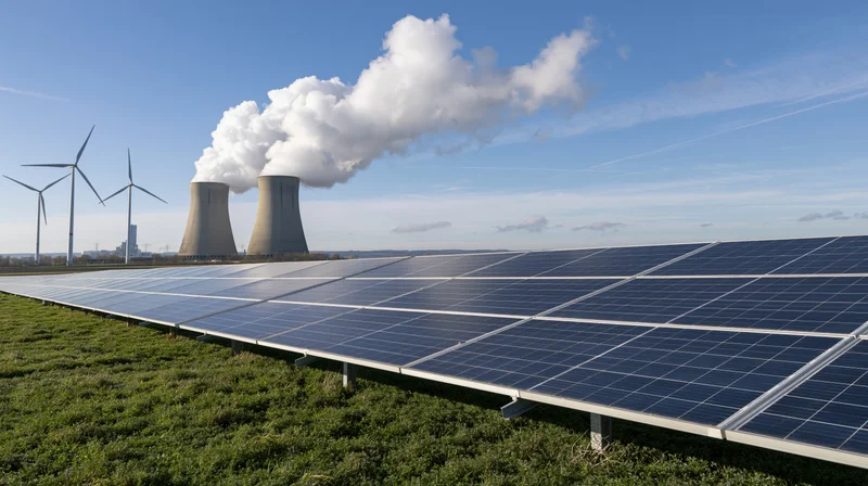 Solar panels in a field with wind turbines and nuclear cooling towers in the background