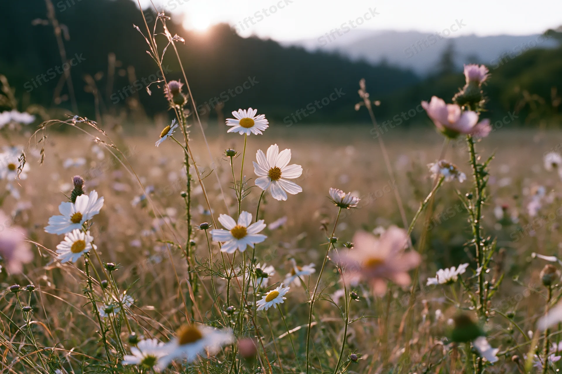 White and pink cosmos daisies blooming in a sunlit meadow field at golden hour