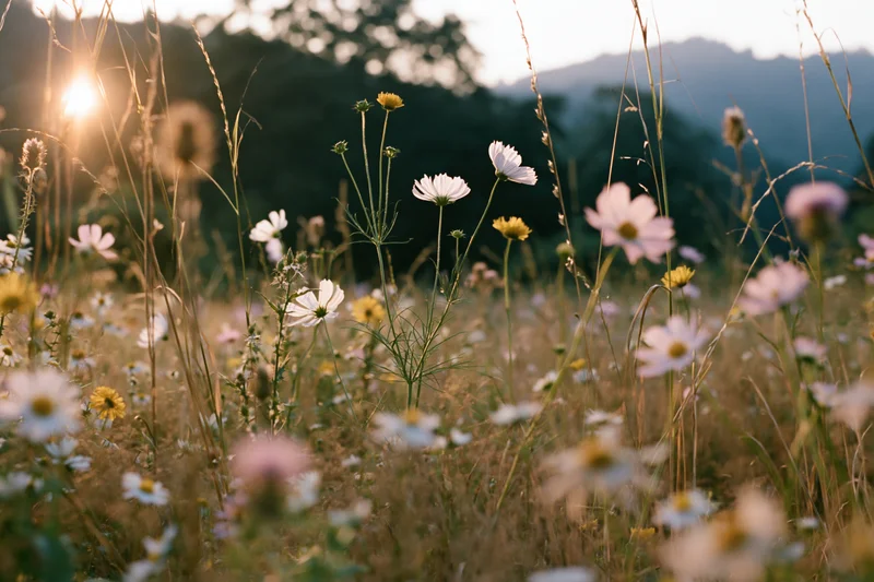 Cosmos and daisies blooming in a wild meadow at golden hour with soft sunlight filtering through grass stems
