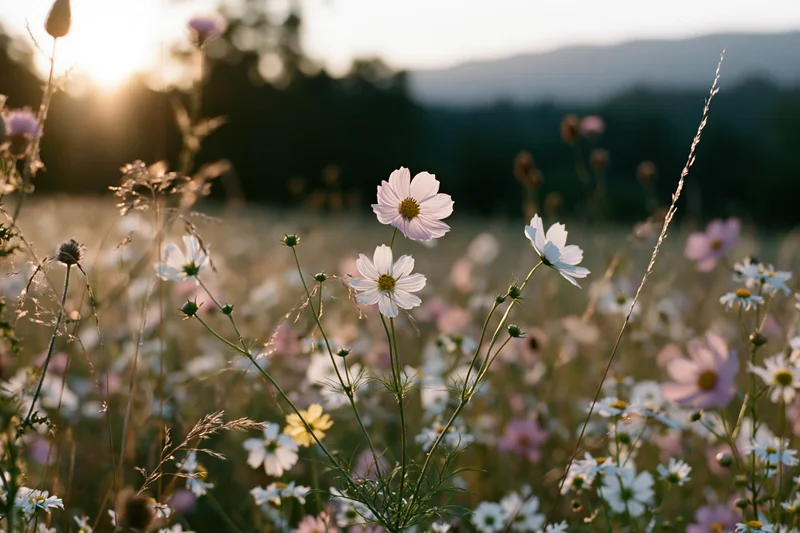 Cosmos and daisies blooming in a wild meadow at golden hour with soft sunlight and blurred background