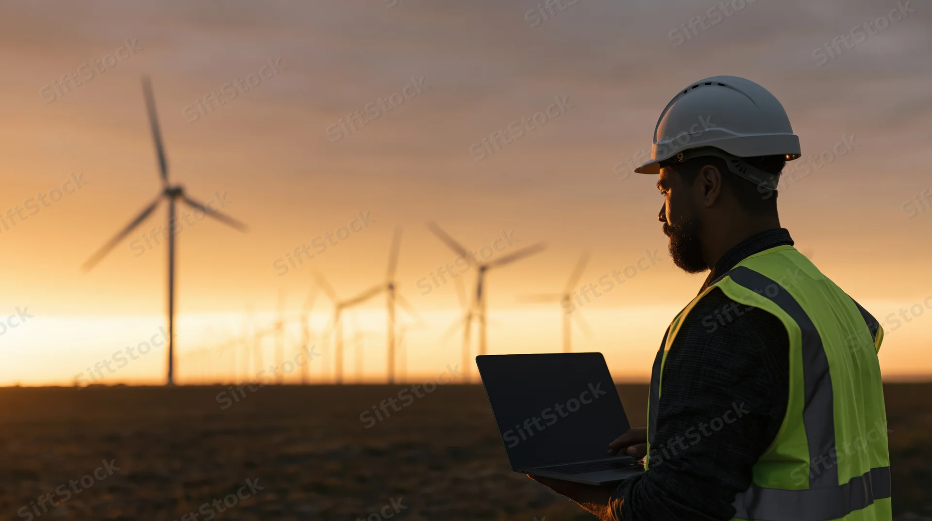 Engineer in hardhat and highvisibility vest holding laptop at wind farm during sunset