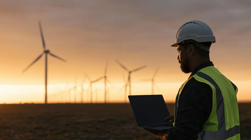 Engineer in hardhat and highvisibility vest holding laptop at wind farm during sunset