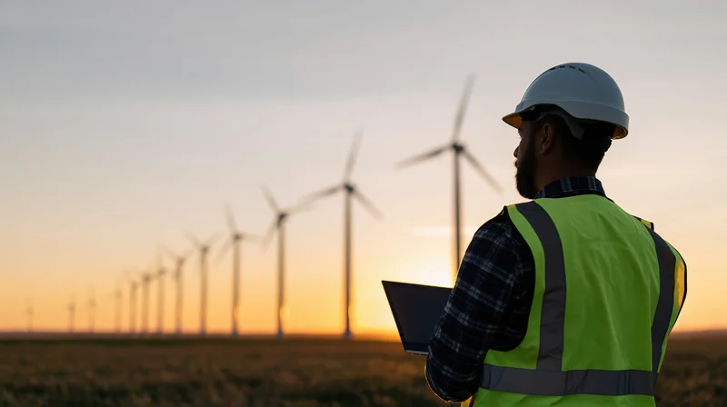Engineer in high-visibility vest holding laptop, observing wind turbines at sunset in rural field