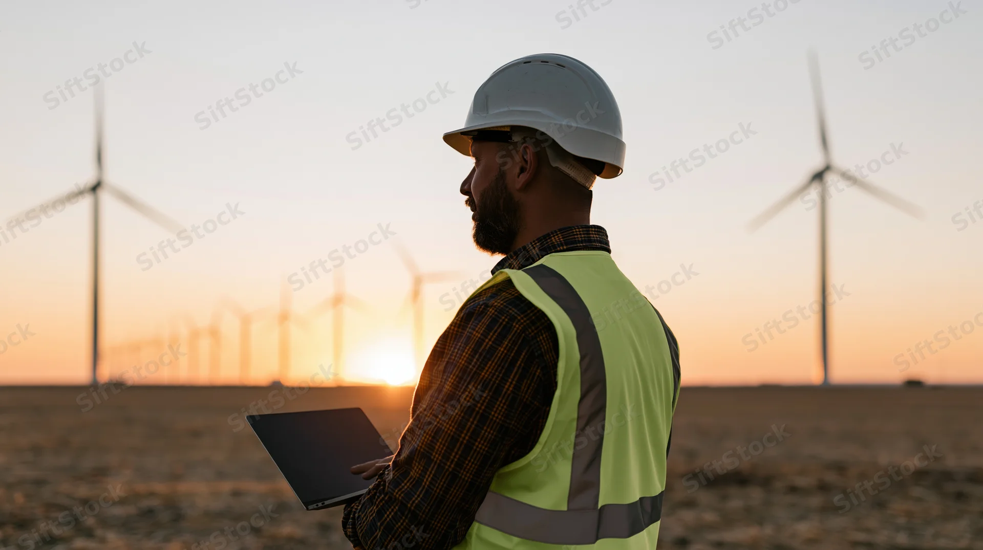 Engineer in hard hat and high-visibility vest holding laptop at wind farm during sunset