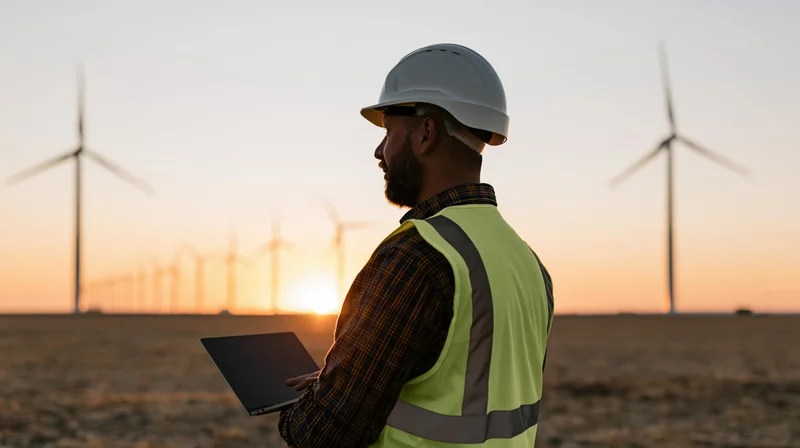 Engineer in hard hat and high-visibility vest holding laptop at wind farm during sunset