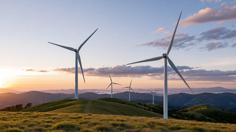Wind turbines on rolling green hills at sunset