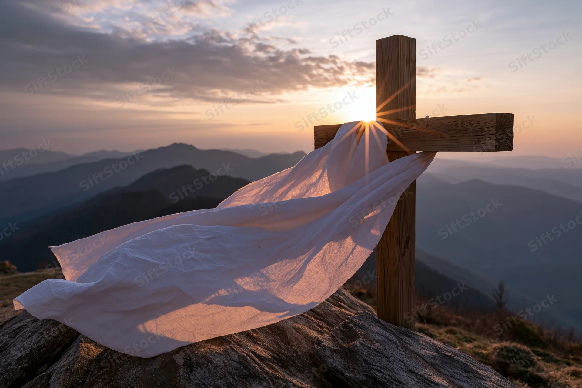 Wooden christian cross on rocky mountain summit at sunset with white cloth draped over it and sun shining through