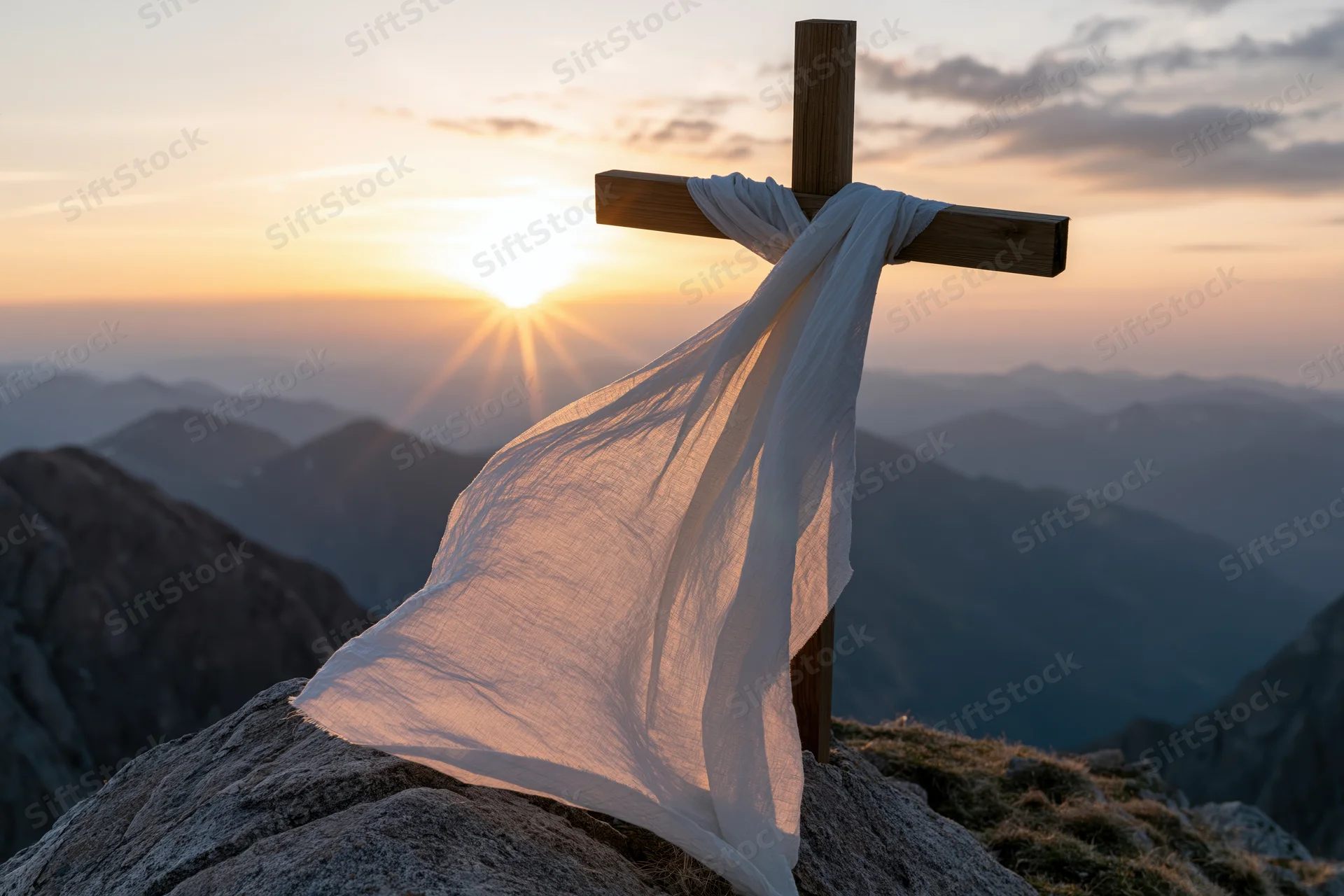 Wooden christian cross with white cloth draped over it on rocky mountain summit at sunset