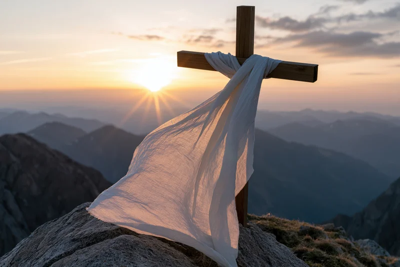Wooden christian cross with white cloth draped over it on rocky mountain summit at sunset