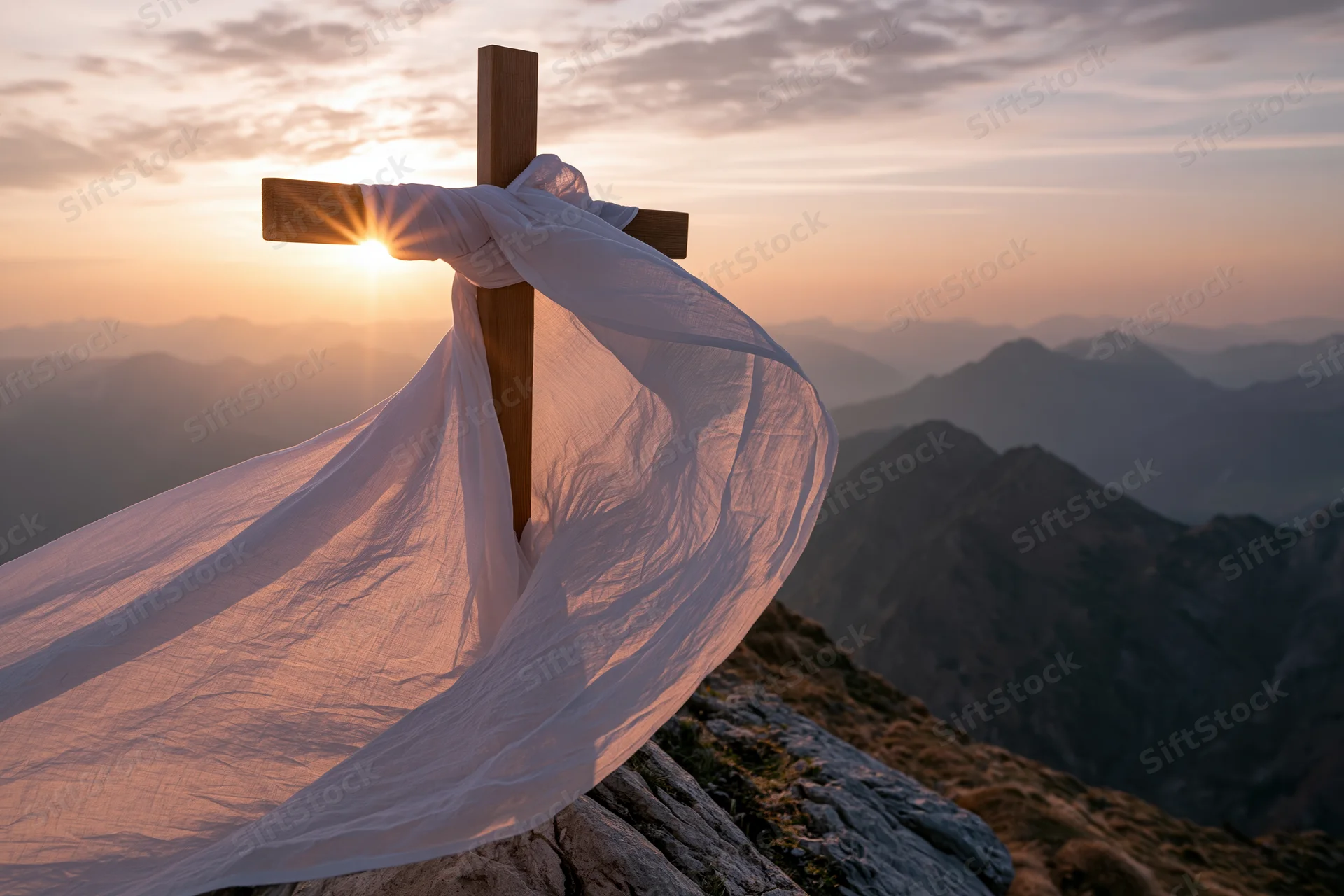 Wooden christian cross draped with white cloth on rocky mountain summit at sunset