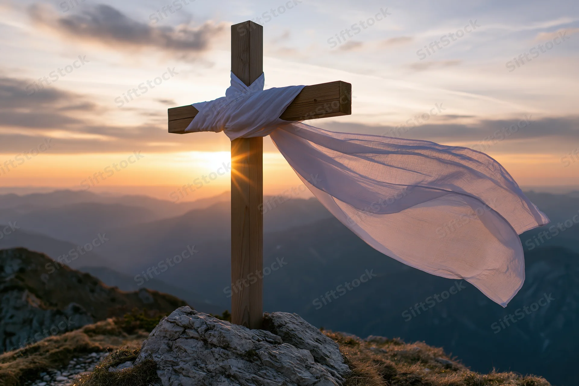 Wooden christian cross on rocky mountain summit at sunset with white fabric flowing in wind