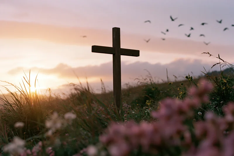 Wooden christian cross standing in a wildflower meadow at sunset