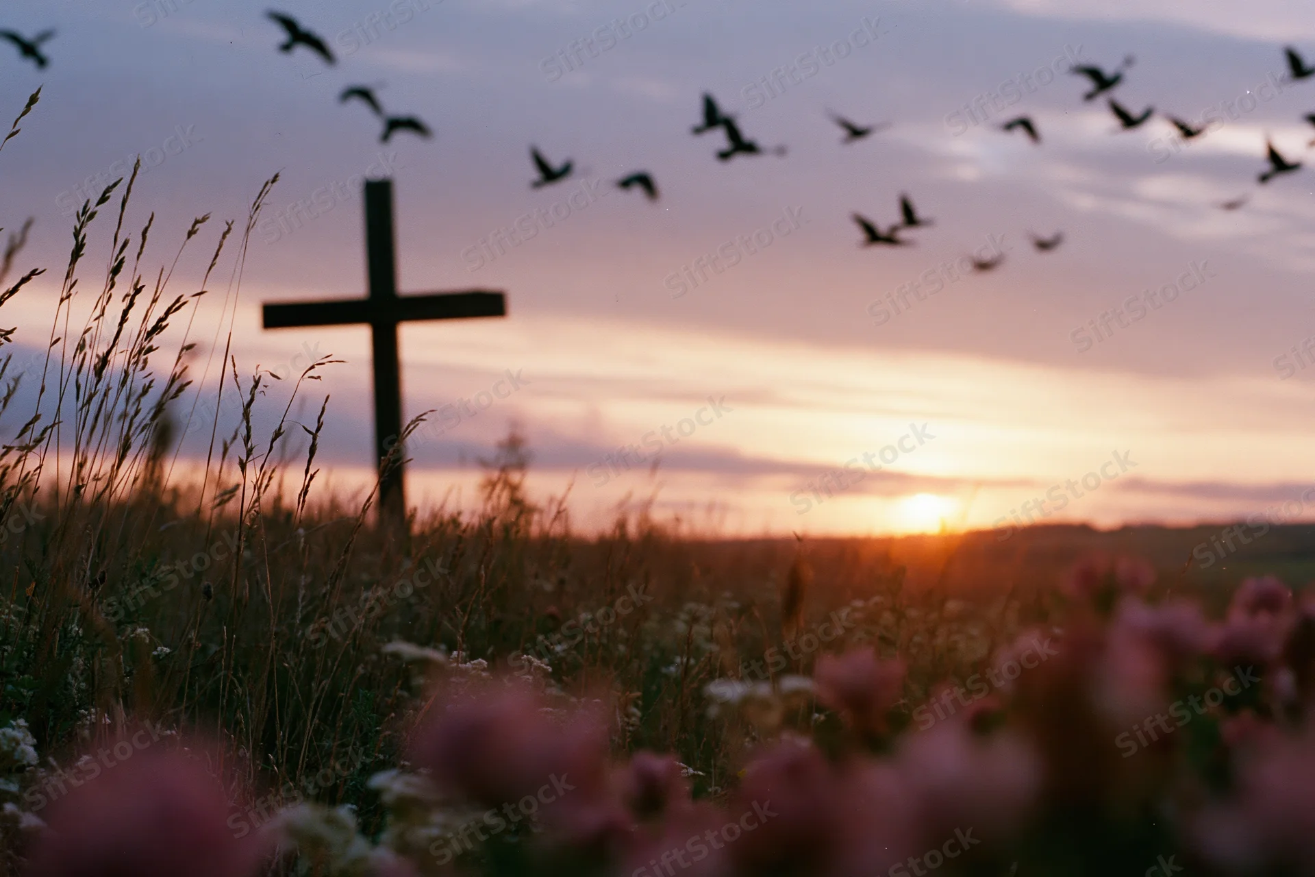 Wooden christian cross standing in a wildflower meadow at sunset with birds flying overhead