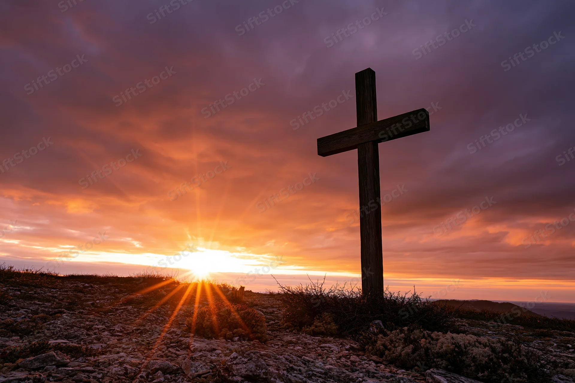 Wooden christian cross silhouetted on rocky hilltop at sunset