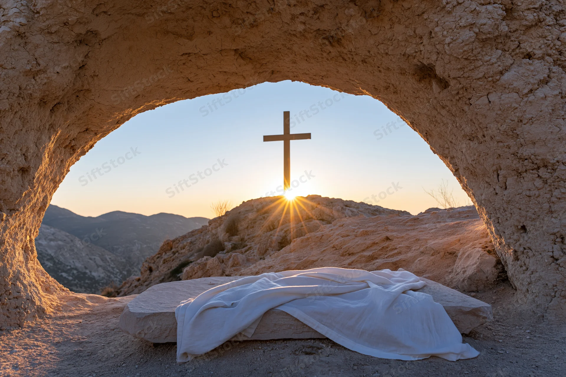 Wooden cross silhouetted at sunrise on a stone hilltop viewed through a natural rock arch with a white cloth draped over a stone in the foreground