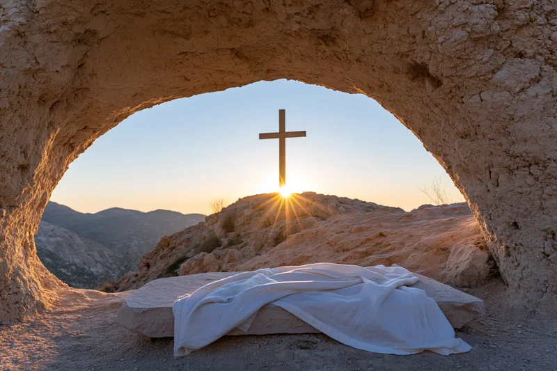 Wooden cross silhouetted at sunrise on a stone hilltop viewed through a natural rock arch with a white cloth draped over a stone in the foreground