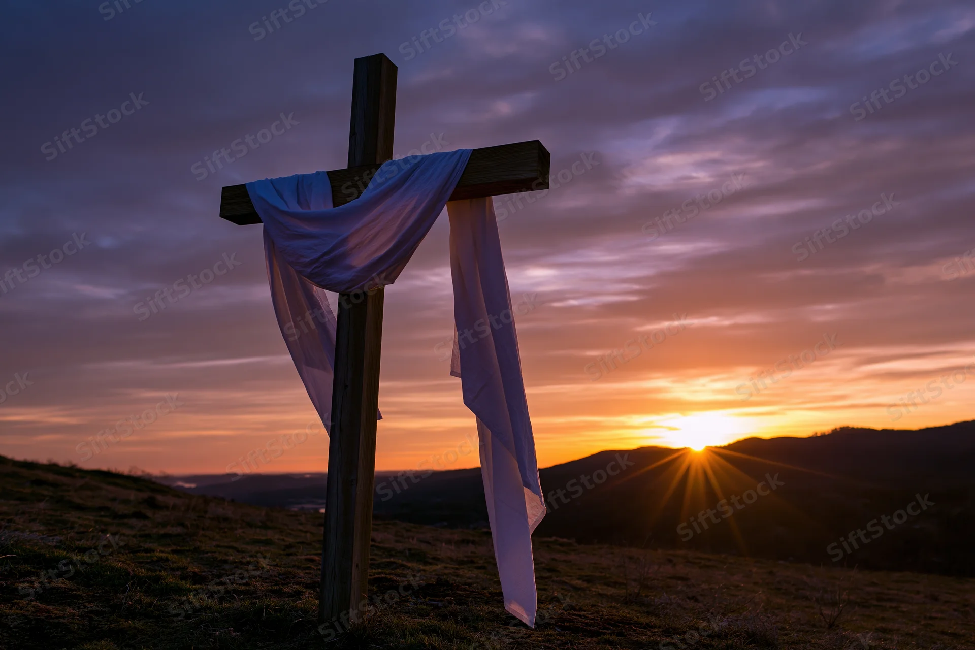 Wooden cross with white cloth draped over it standing on a hill at sunset