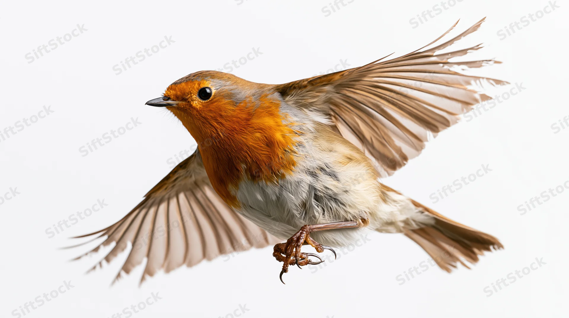 European robin in mid-flight with wings fully spread against white background