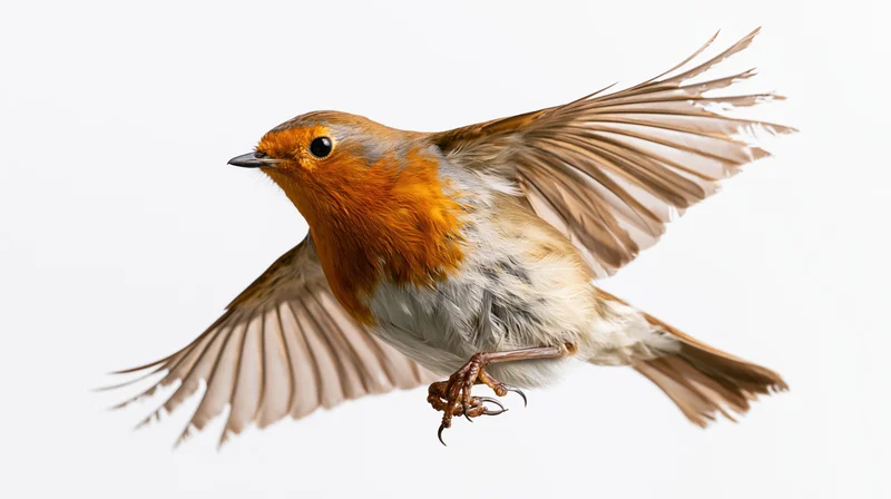 European robin in mid-flight with wings fully spread against white background