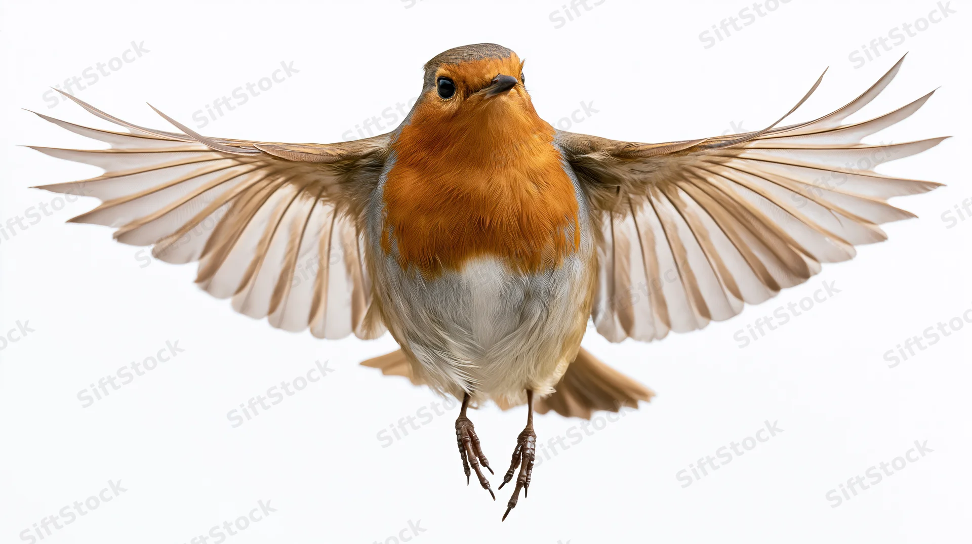 European robin in mid-flight with wings fully spread isolated on white background