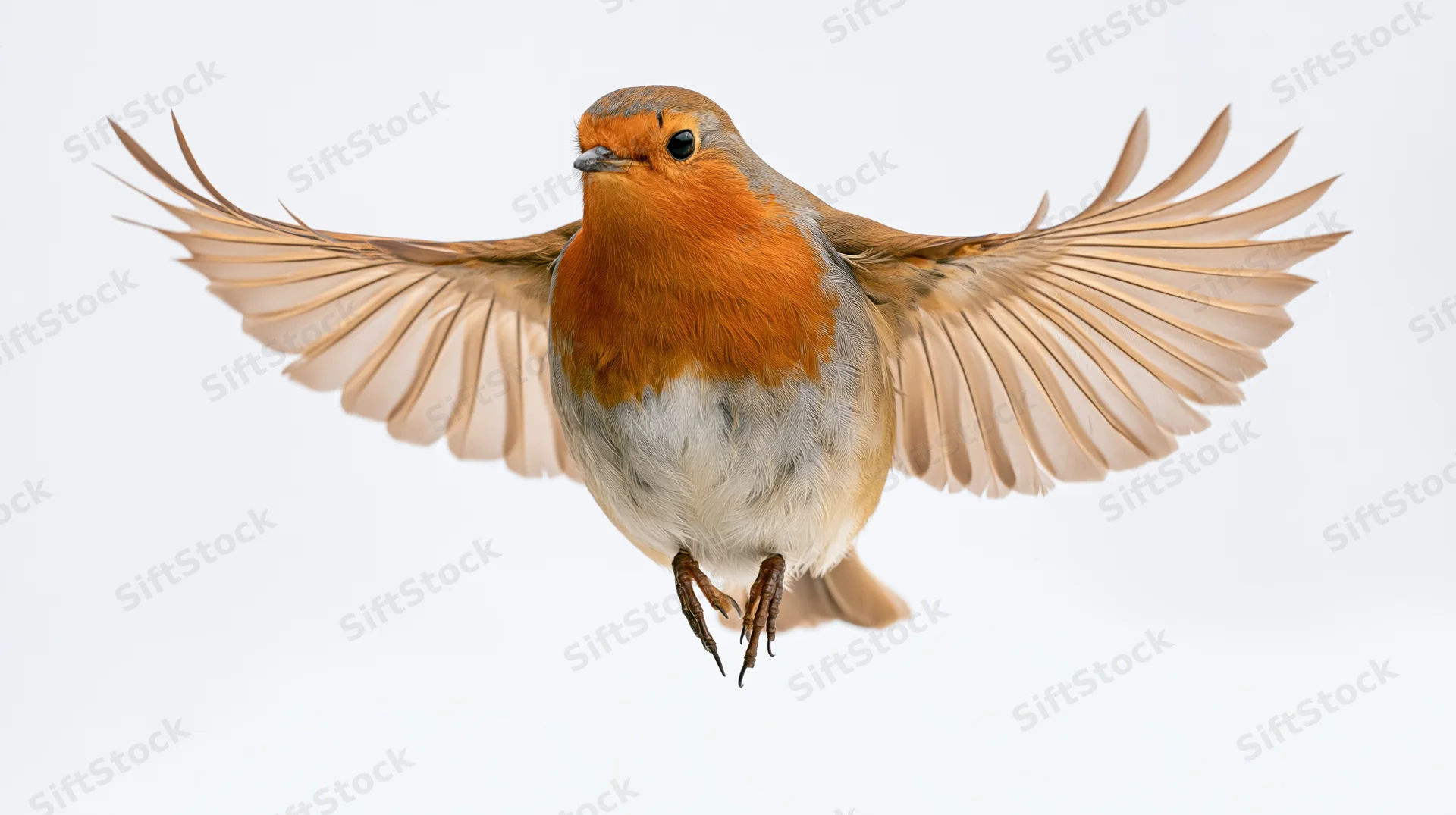 European robin in mid-flight with wings fully spread against white background