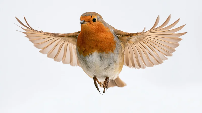 European robin in mid-flight with wings fully spread against white background