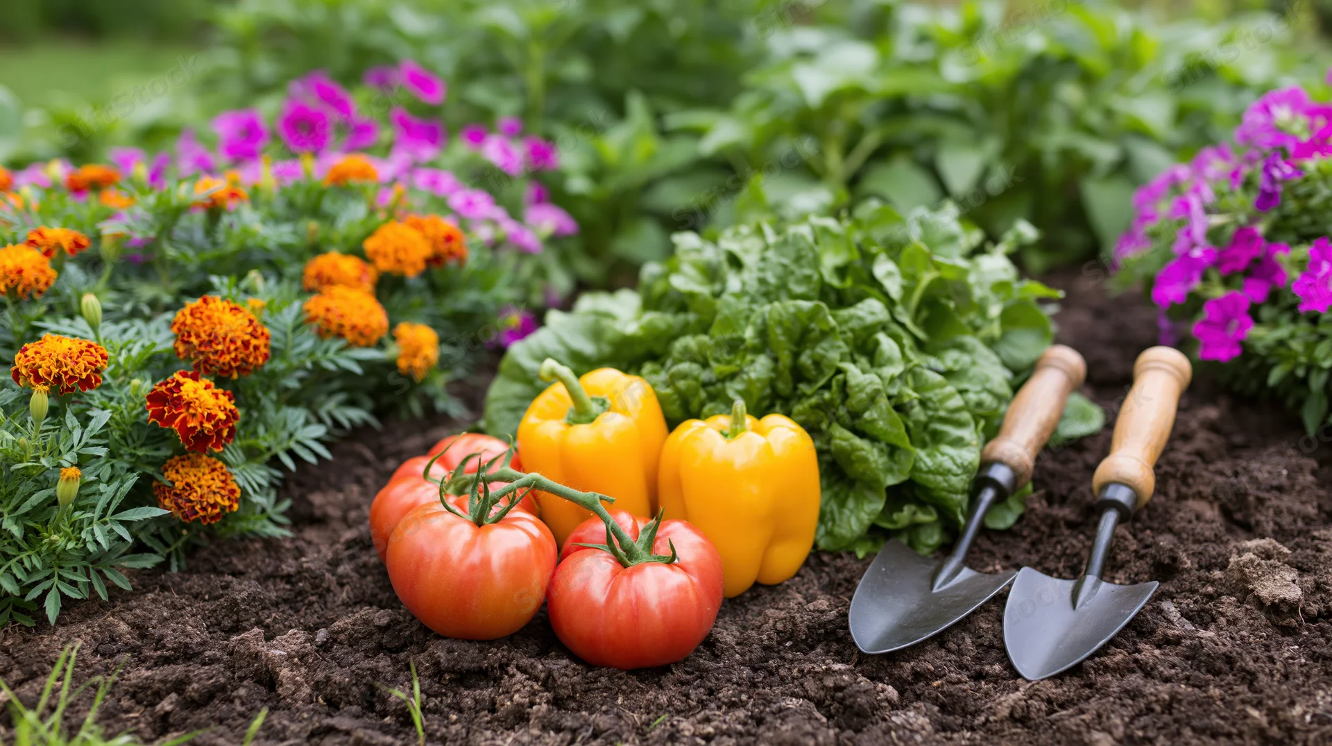 Freshly harvested tomatoes and yellow peppers with lettuce and marigolds in a garden bed beside two trowels