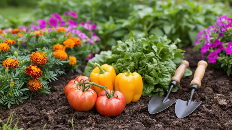 Freshly harvested tomatoes and yellow peppers with lettuce and marigolds in a garden bed beside two trowels
