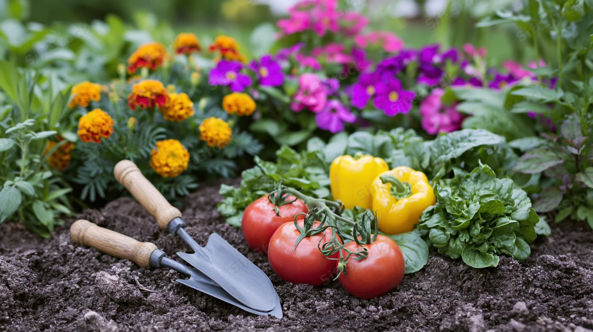 Freshly harvested tomatoes and peppers with lettuce and flowers in a garden bed, gardening tools resting in soil