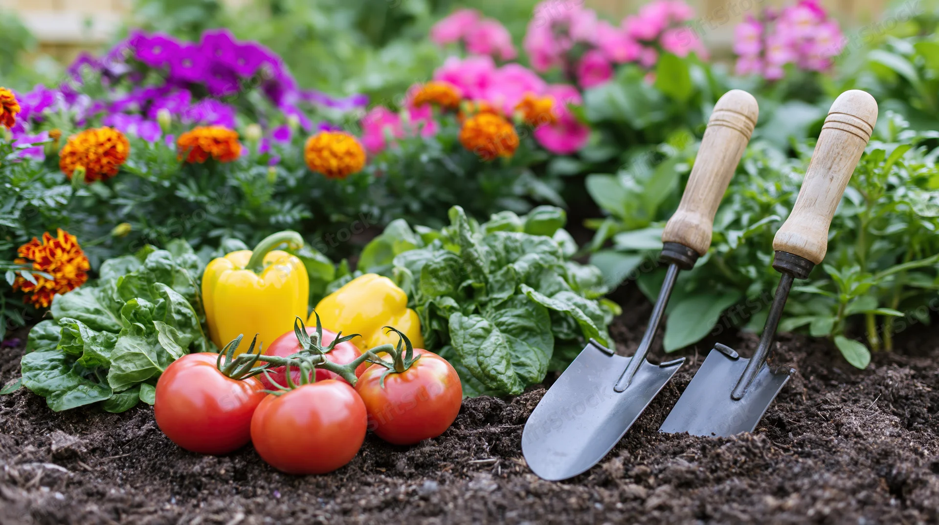 Freshly harvested tomatoes and peppers with lettuce in a garden bed beside trowels and blooming flowers