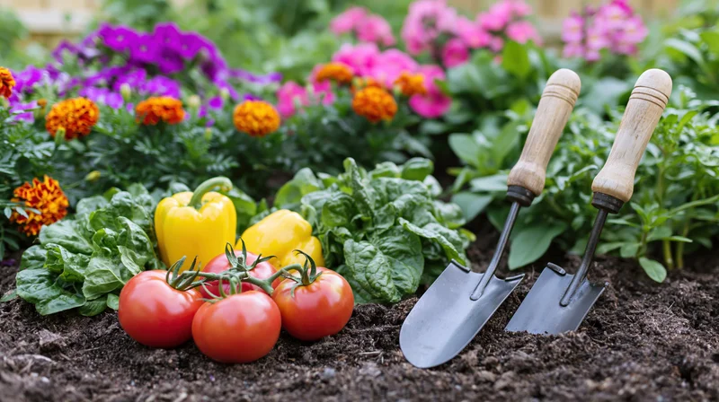 Freshly harvested tomatoes and peppers with lettuce in a garden bed beside trowels and blooming flowers