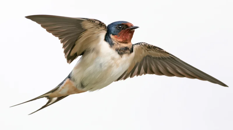 Barn swallow in mid-flight with wings fully spread against white background