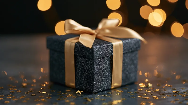 Black glitter gift box with gold satin ribbon and scattered star confetti on dark surface with bokeh lights in background