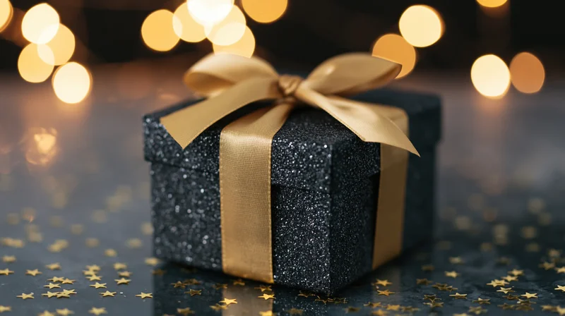 Black glitter gift box with gold satin ribbon and star confetti on dark surface, warm bokeh lights in background