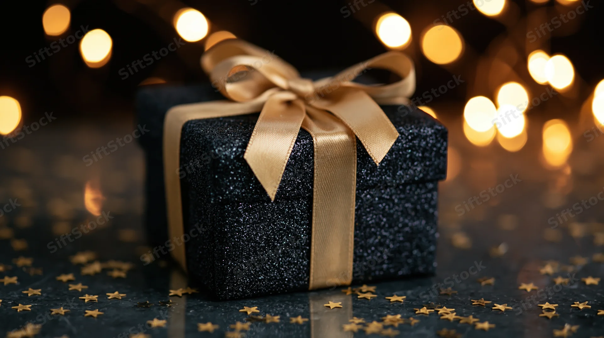 Black glitter gift box with gold satin ribbon and star confetti on dark surface with warm bokeh lights in background