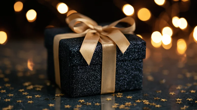 Black glitter gift box with gold satin ribbon and star confetti on dark surface with warm bokeh lights in background