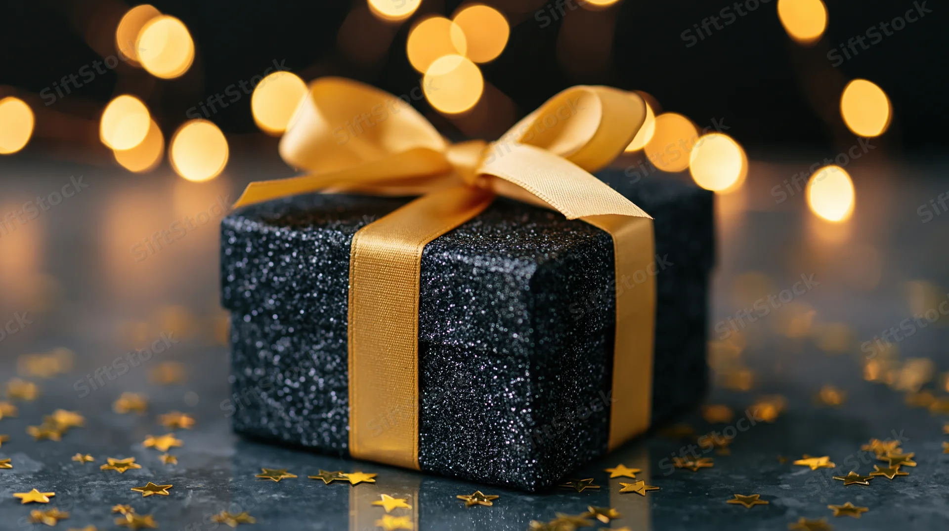 Black glitter gift box with gold satin ribbon and star confetti on dark surface with warm bokeh lights in background
