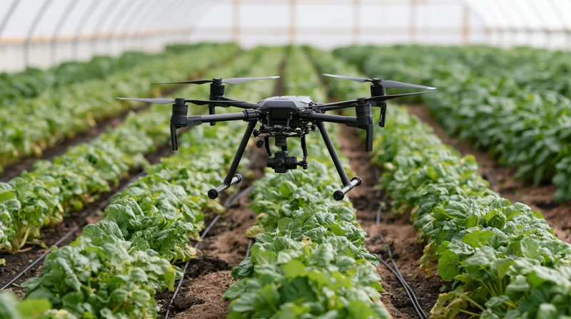 Black hexacopter drone hovering over rows of leafy green crops in a greenhouse