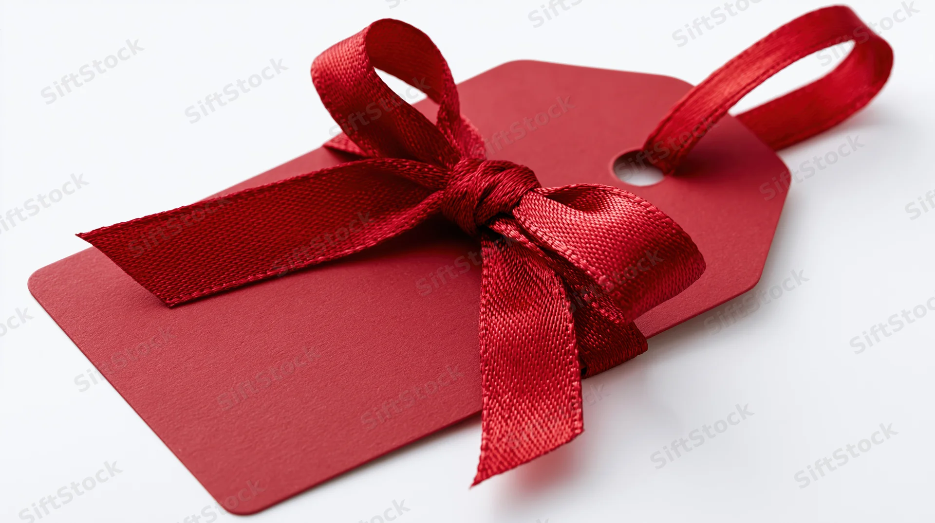 Red gift tag with satin ribbon bow on white background