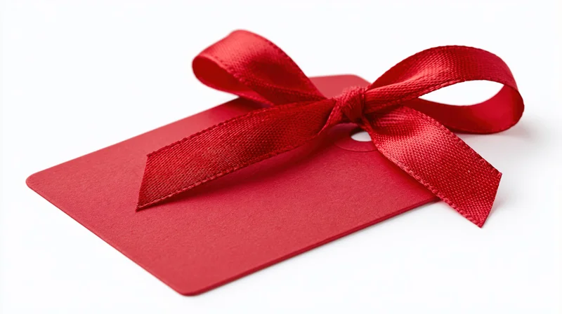 Red gift tag with satin ribbon bow on white background