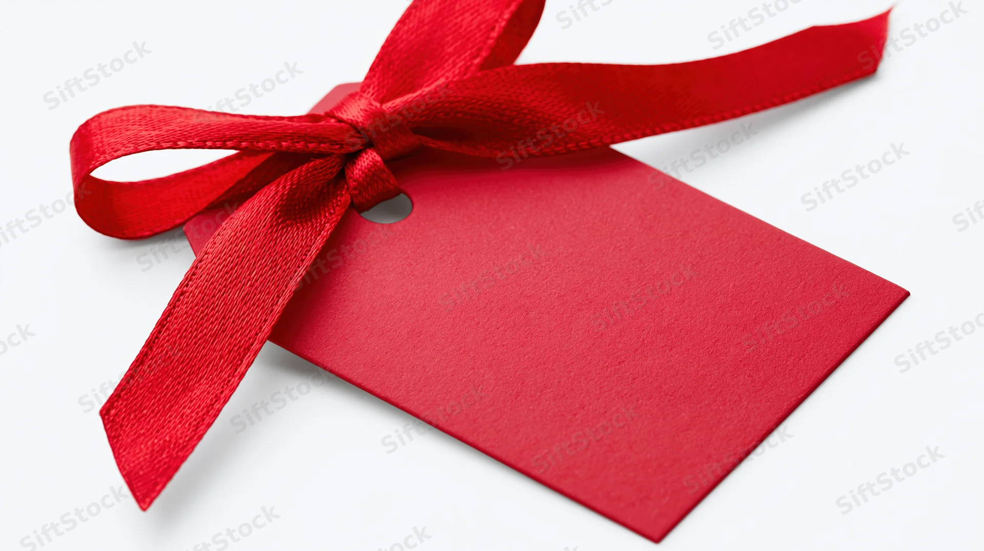 Red gift tag with satin ribbon bow on white background