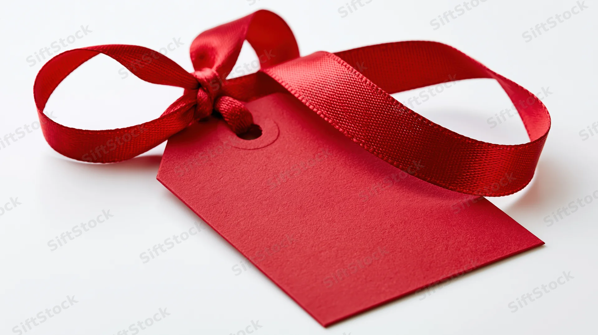 Red gift tag with satin ribbon bow on white background