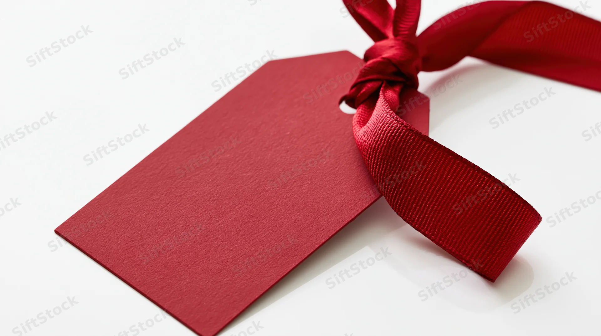 Blank red paper gift tag with satin ribbon bow on white background