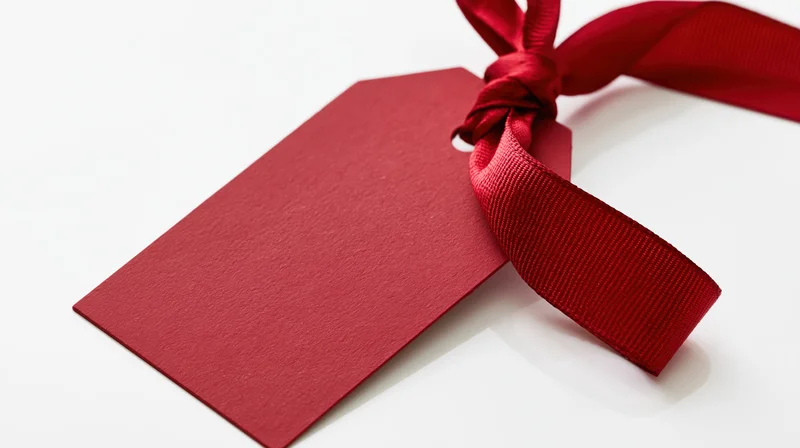 Blank red paper gift tag with satin ribbon bow on white background