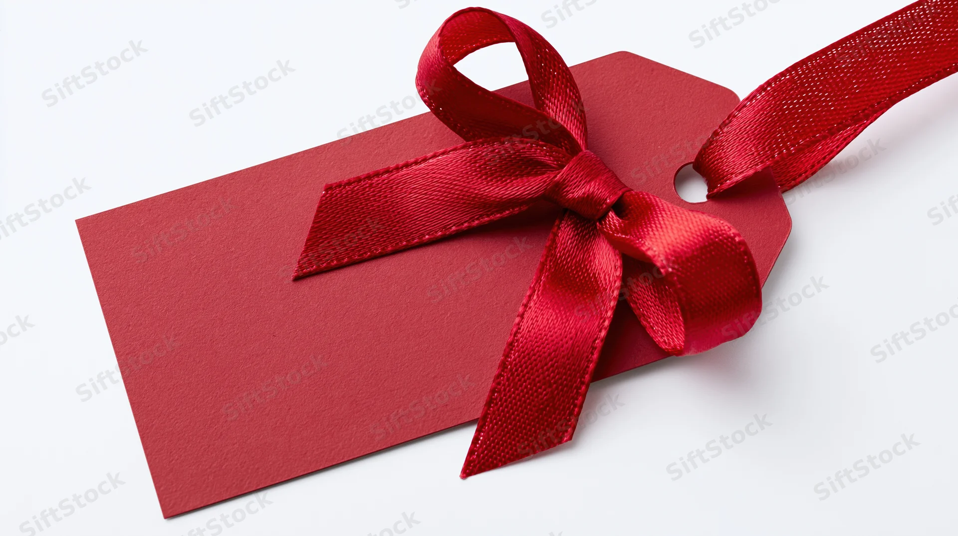 Red gift tag with satin ribbon bow on white background