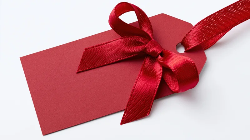 Red gift tag with satin ribbon bow on white background