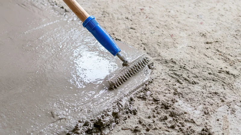 Blue-handled spiked roller spreading wet concrete on a floor surface