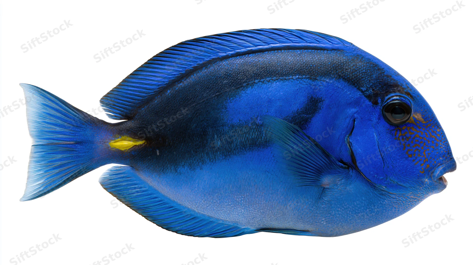 Blue tang surgeonfish in side profile isolated on white background