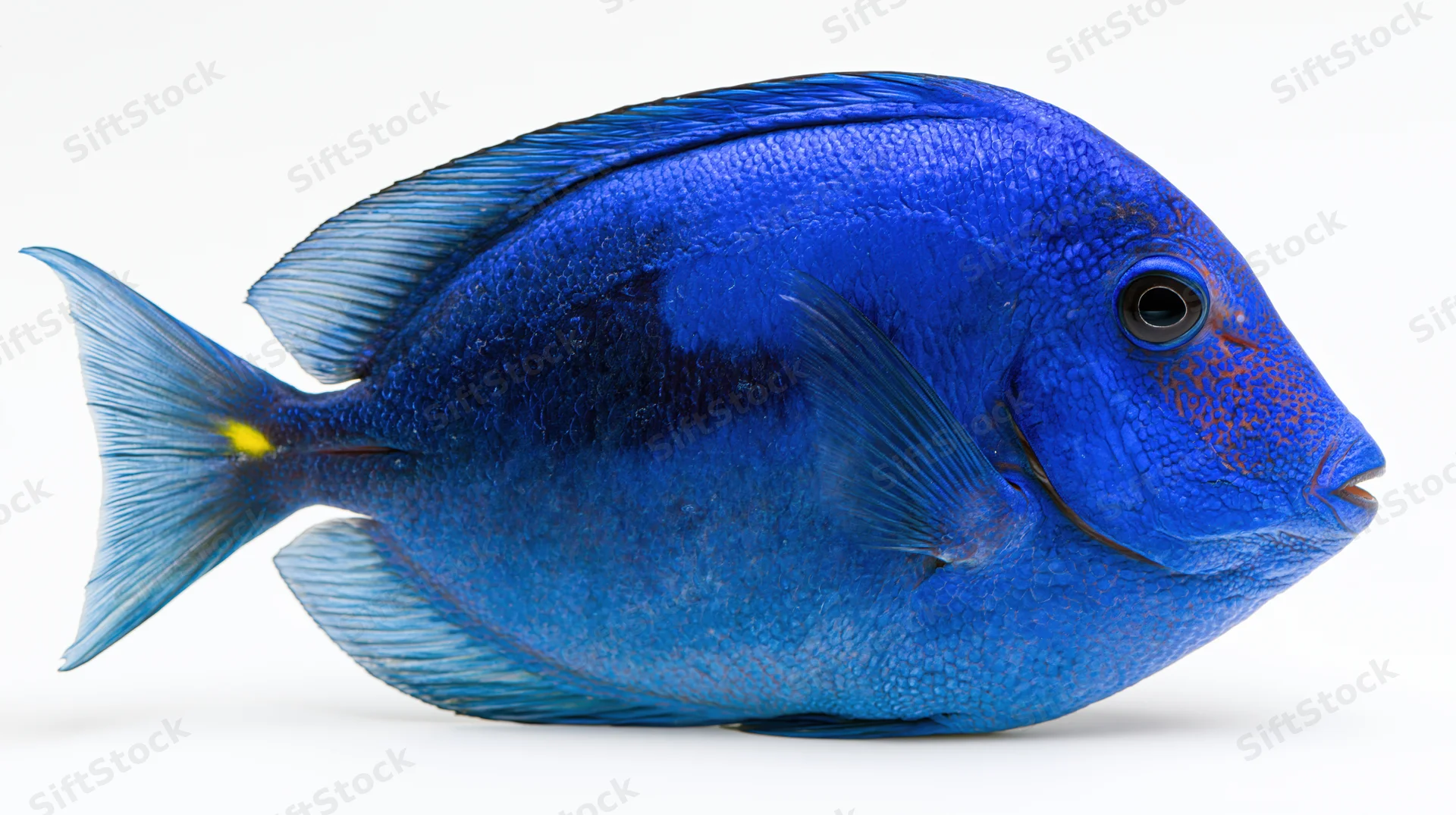 Blue tang surgeonfish in side profile against white background