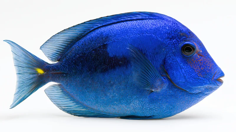 Blue tang surgeonfish in side profile against white background
